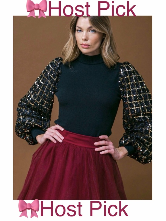 Flying Tomato Tops - Black Mock-Neck Sweater with Sequin Puff Sleeves